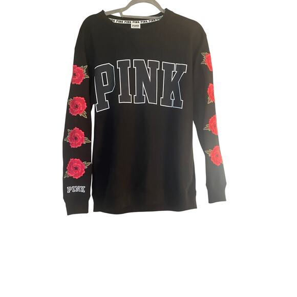 PINK Victoria's Secret Embroidered Rose Sleeve Black Crew Womens size XS - Picture 1 of 2